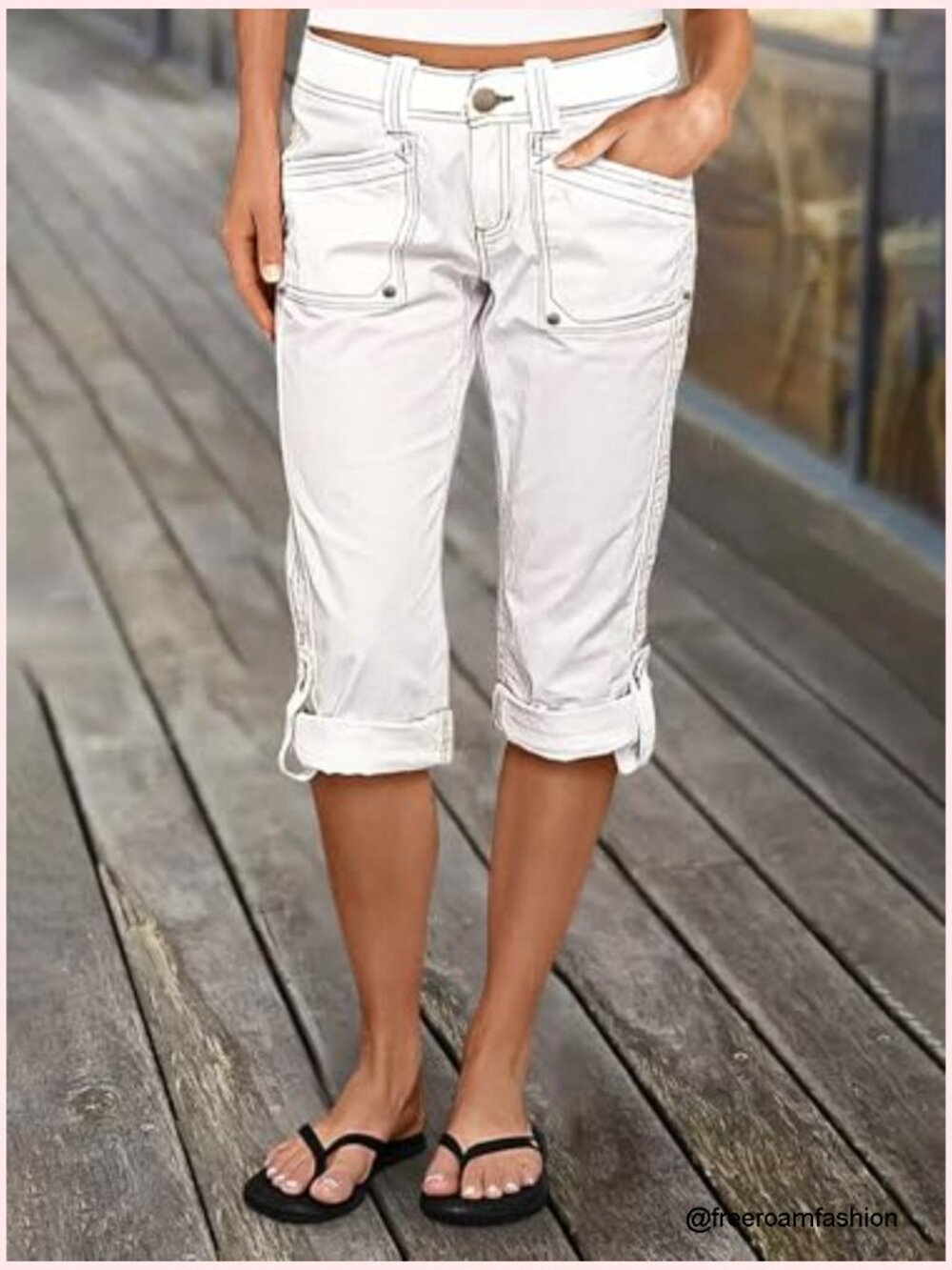 Mid Rise Cargo Capris with Flap Pockets & Roll Hem - Picture 2 of 6